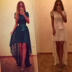 Lace Short Sleeves Low High Short Dress
