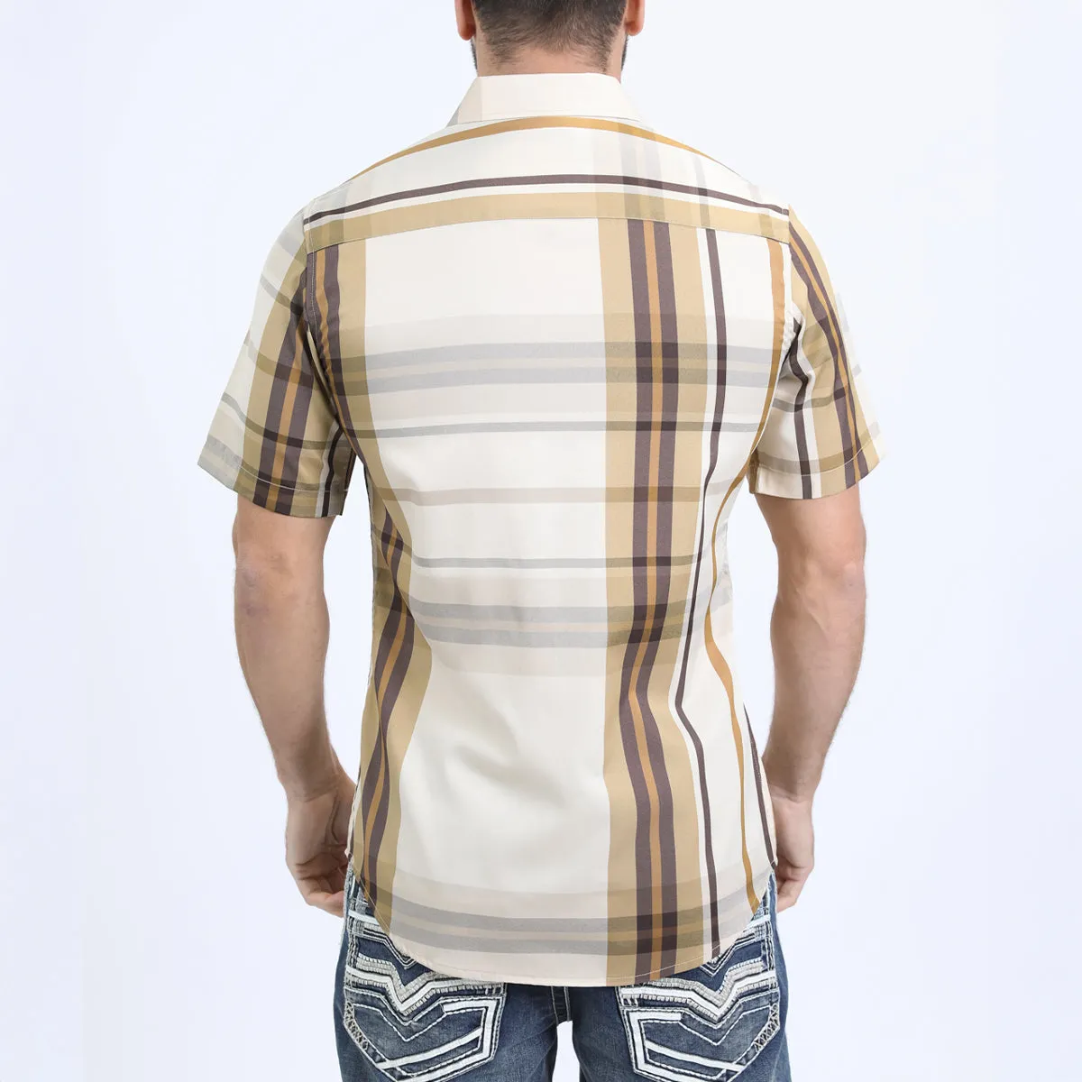 Mens Checkered Short Sleeve Beige Shirt