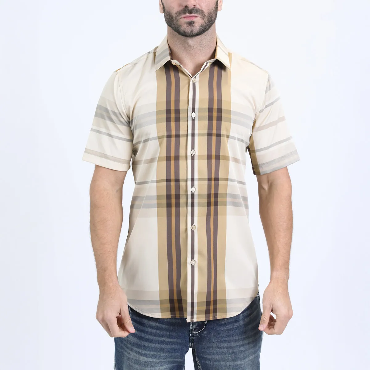 Mens Checkered Short Sleeve Beige Shirt
