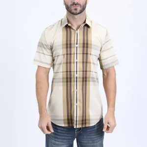 Mens Checkered Short Sleeve Beige Shirt