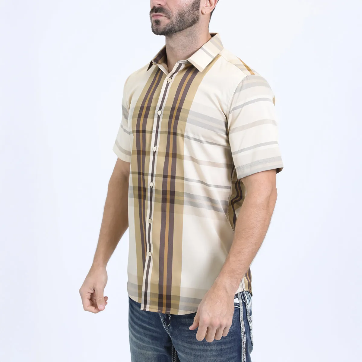 Mens Checkered Short Sleeve Beige Shirt