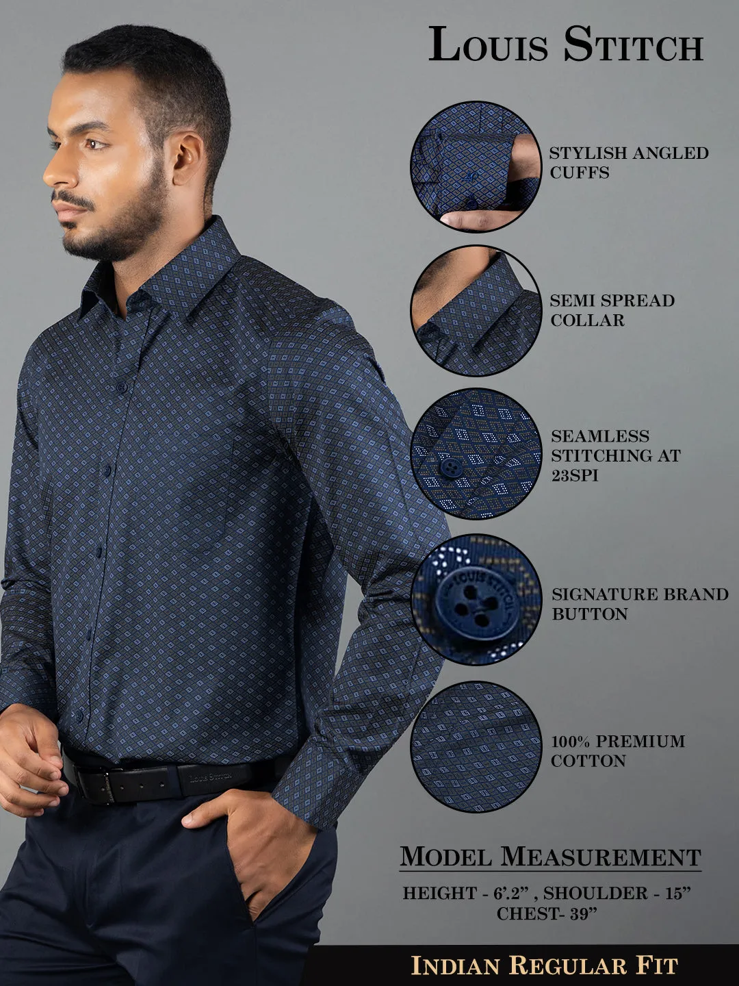 Men's Regular Fit Geometric Blue Formal Shirt
