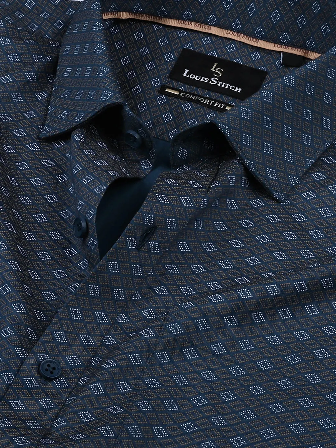 Men's Regular Fit Geometric Blue Formal Shirt
