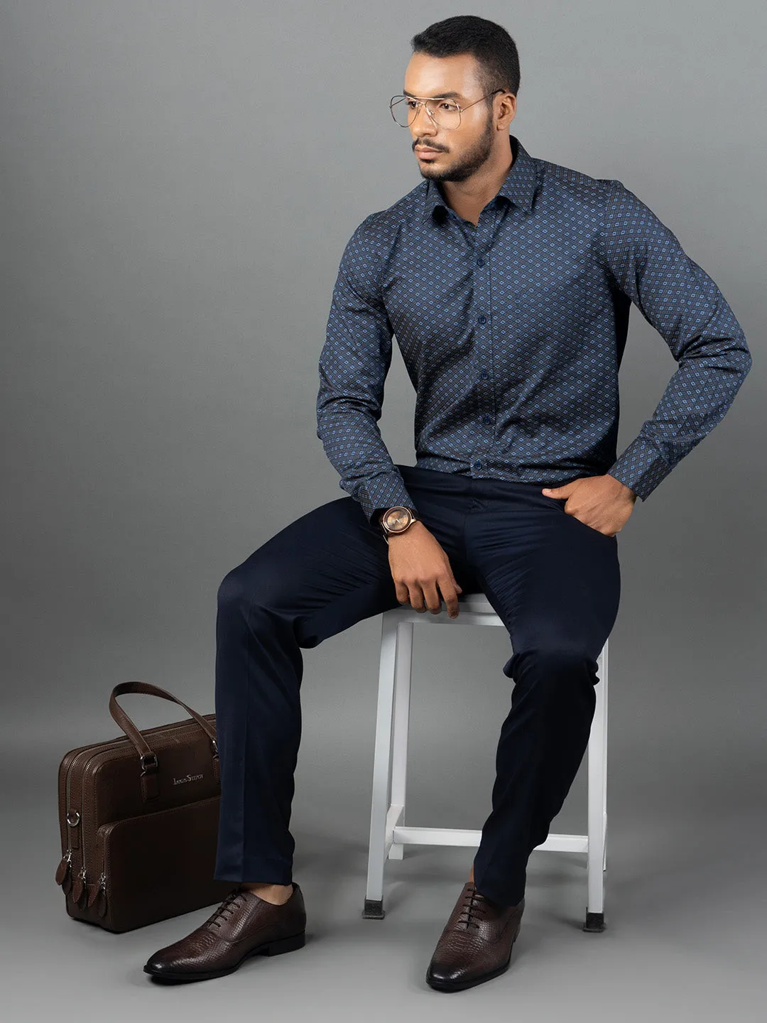 Men's Regular Fit Geometric Blue Formal Shirt