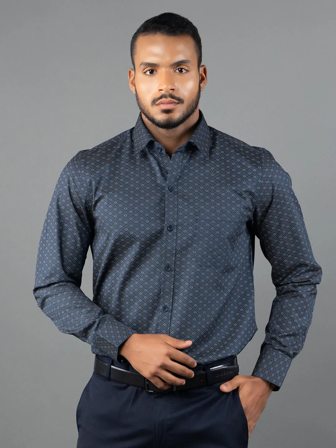 Men's Regular Fit Geometric Blue Formal Shirt