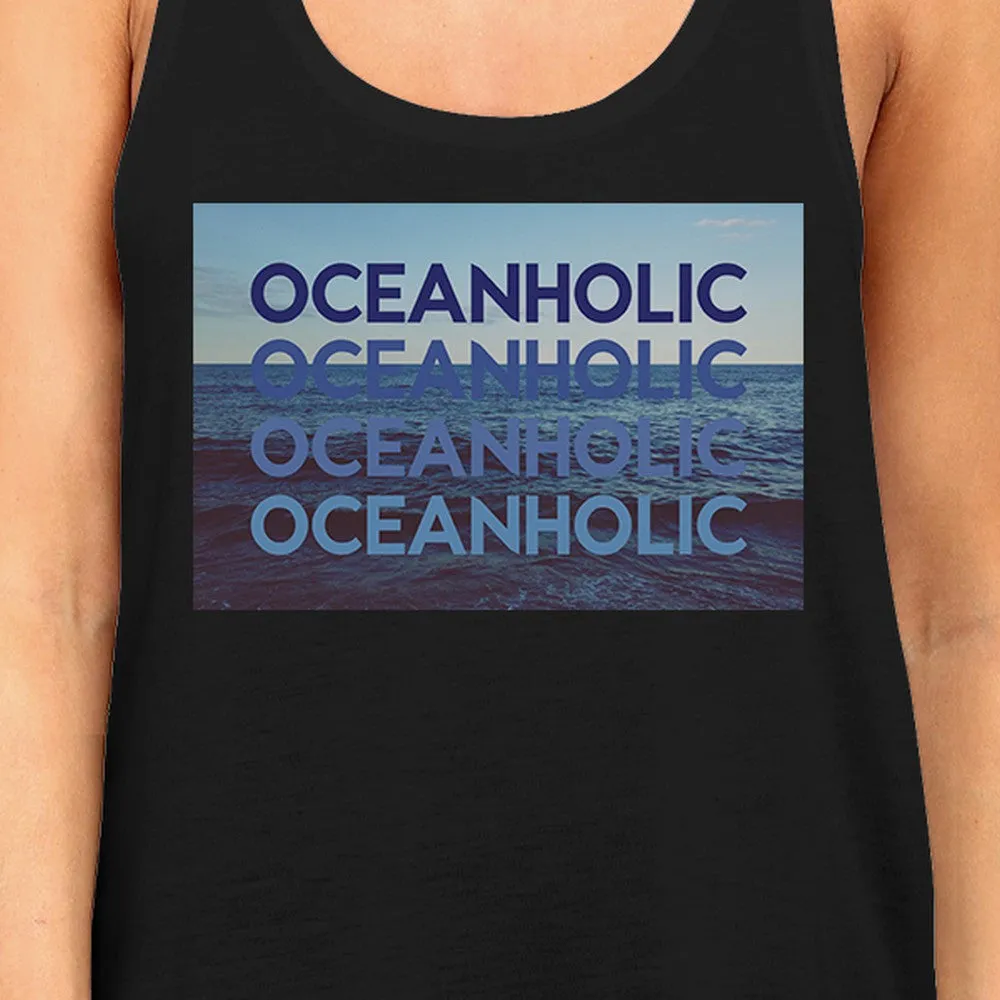 Ocean Holic Womens Black Graphic Tanks Lightweight Tropical Design