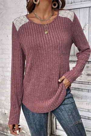 Purple Ribbed Lace Shoulder Long Sleeve Top
