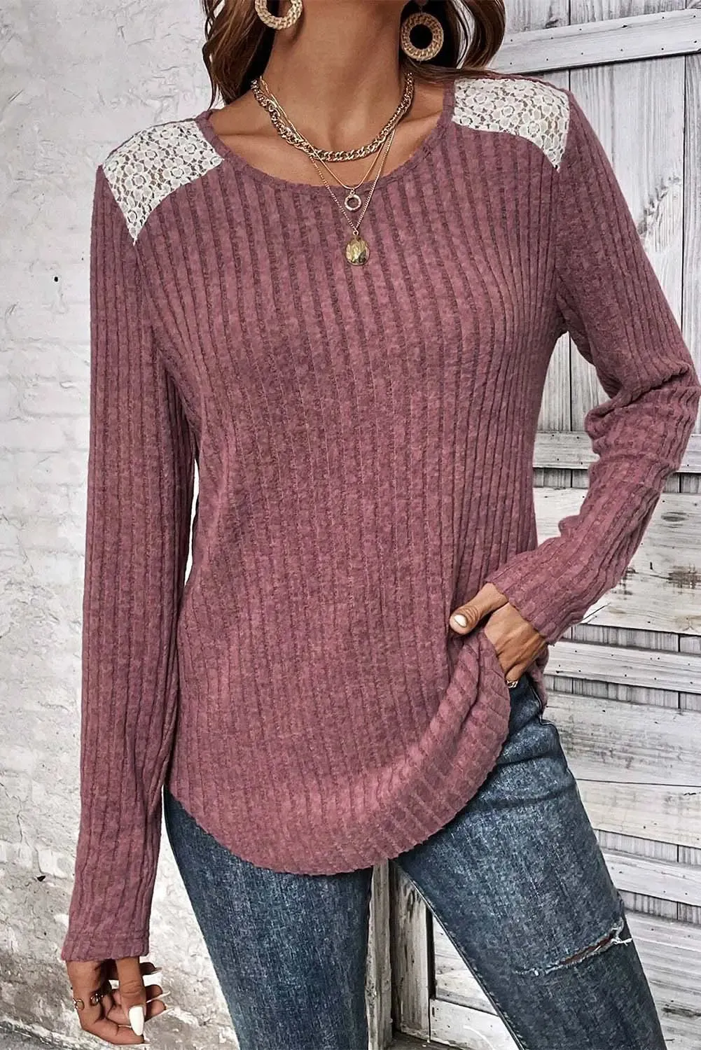 Purple Ribbed Lace Shoulder Long Sleeve Top