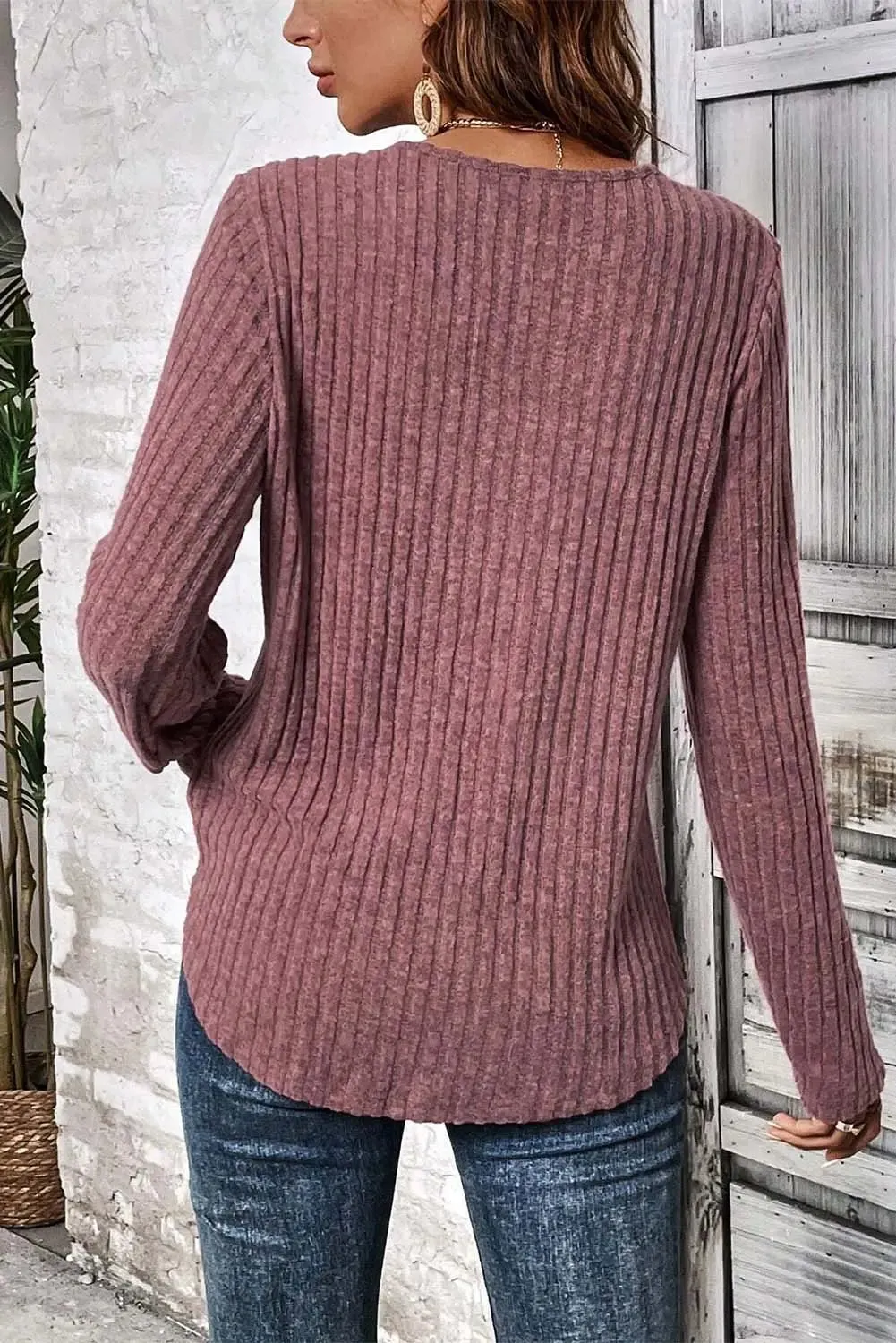 Purple Ribbed Lace Shoulder Long Sleeve Top