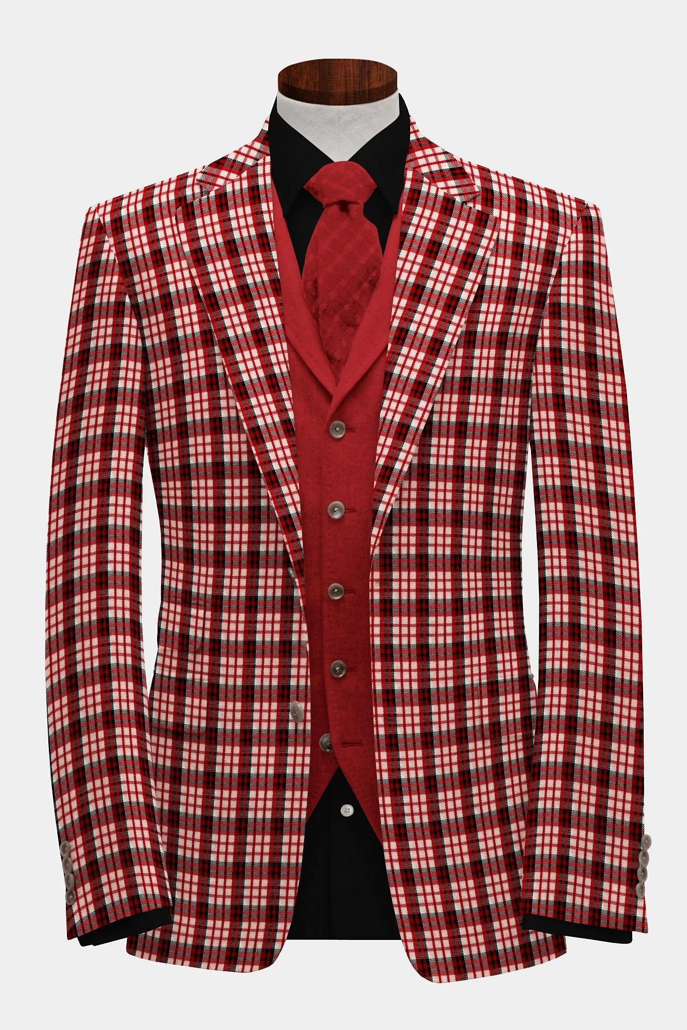 Red Pink Men's Two Button Dress Party Checks Print Suit Jacket Notched Lapel Slim Fit Terry Rayon Stylish Blazer