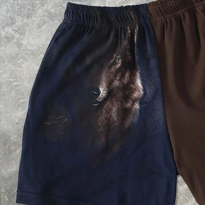 Retro colorblock bear print casual shorts