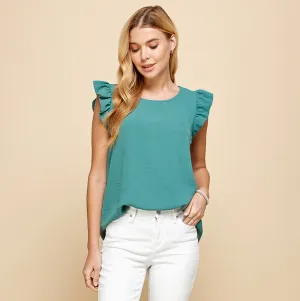 Seafoam - Solid Top with Ruffled Detailed Sleeves
