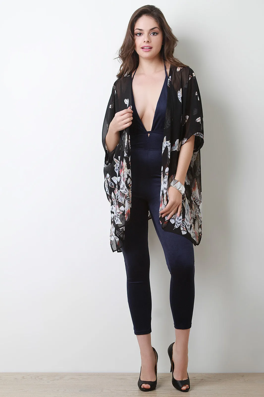 Semi-Sheer Feather Side Vent Lightweight Kimono