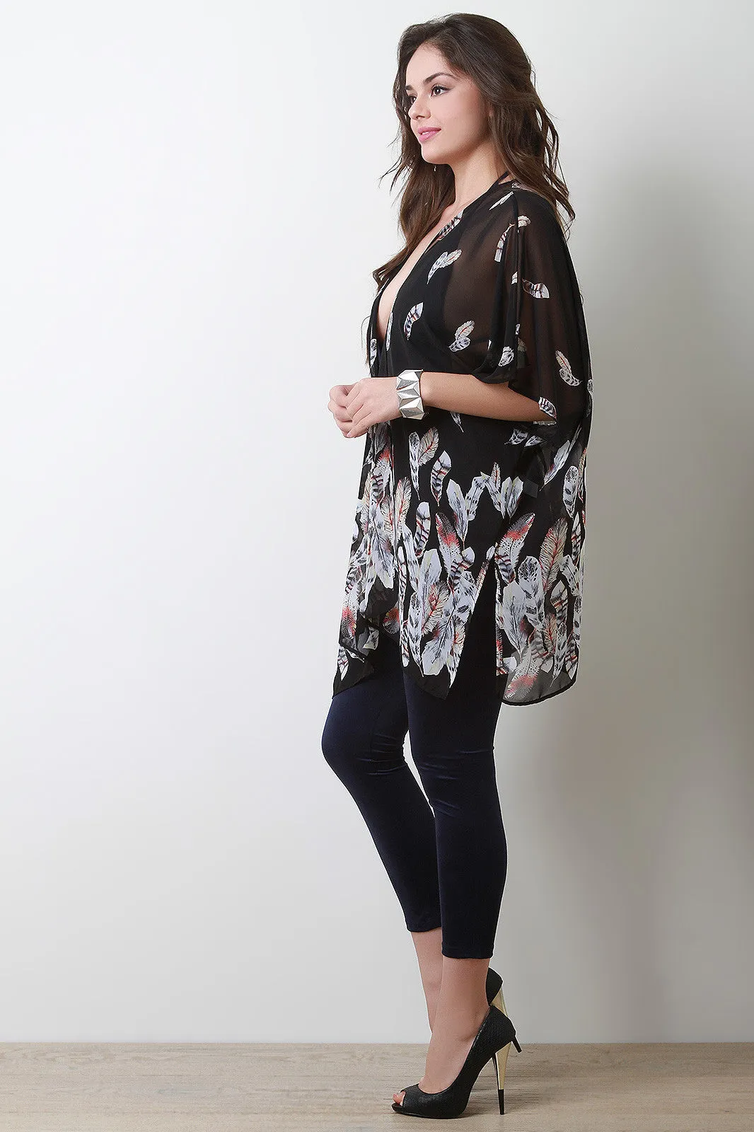 Semi-Sheer Feather Side Vent Lightweight Kimono