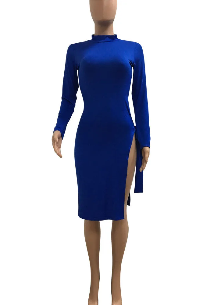 Side Split Lace Up High Neck Pure Color Knee-length Dress