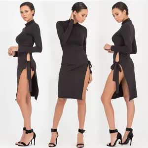 Side Split Lace Up High Neck Pure Color Knee-length Dress