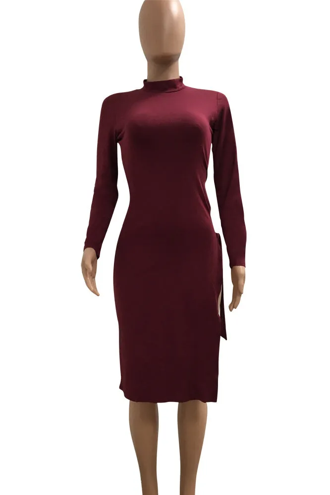 Side Split Lace Up High Neck Pure Color Knee-length Dress