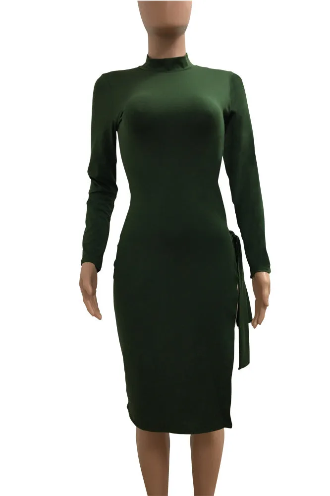 Side Split Lace Up High Neck Pure Color Knee-length Dress