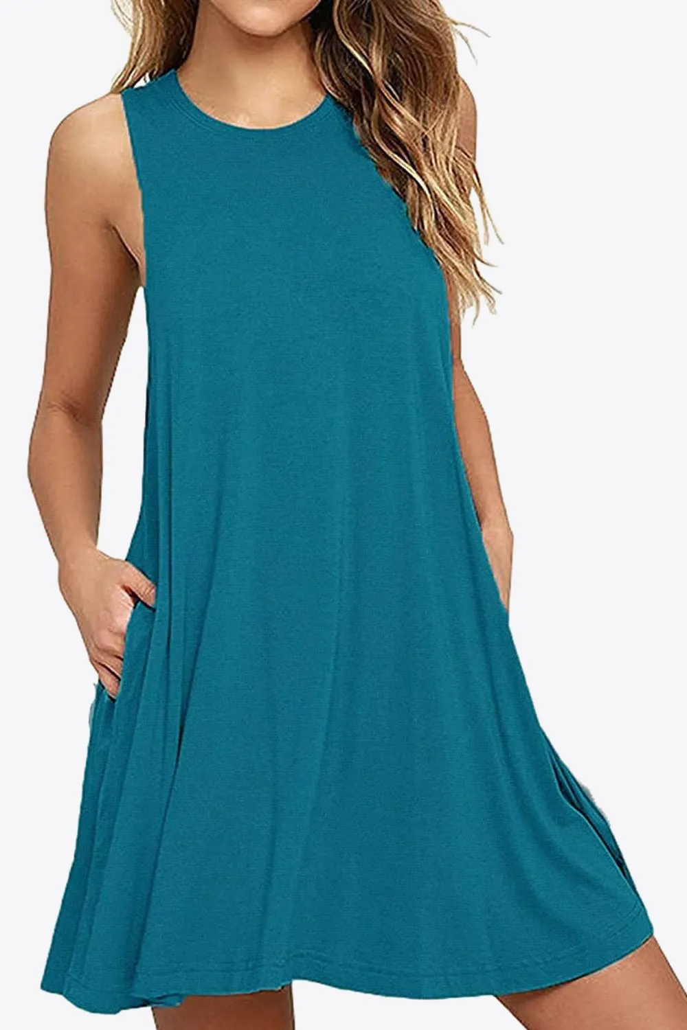 Sleeveless Dress with Pockets - Full Size Round Neck - Comfortable and Stylish