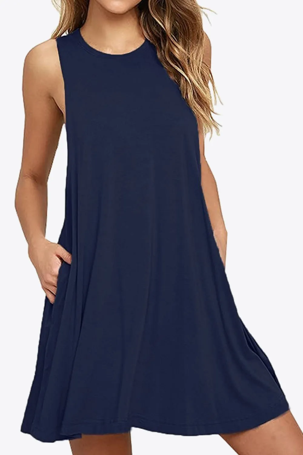 Sleeveless Dress with Pockets - Full Size Round Neck - Comfortable and Stylish