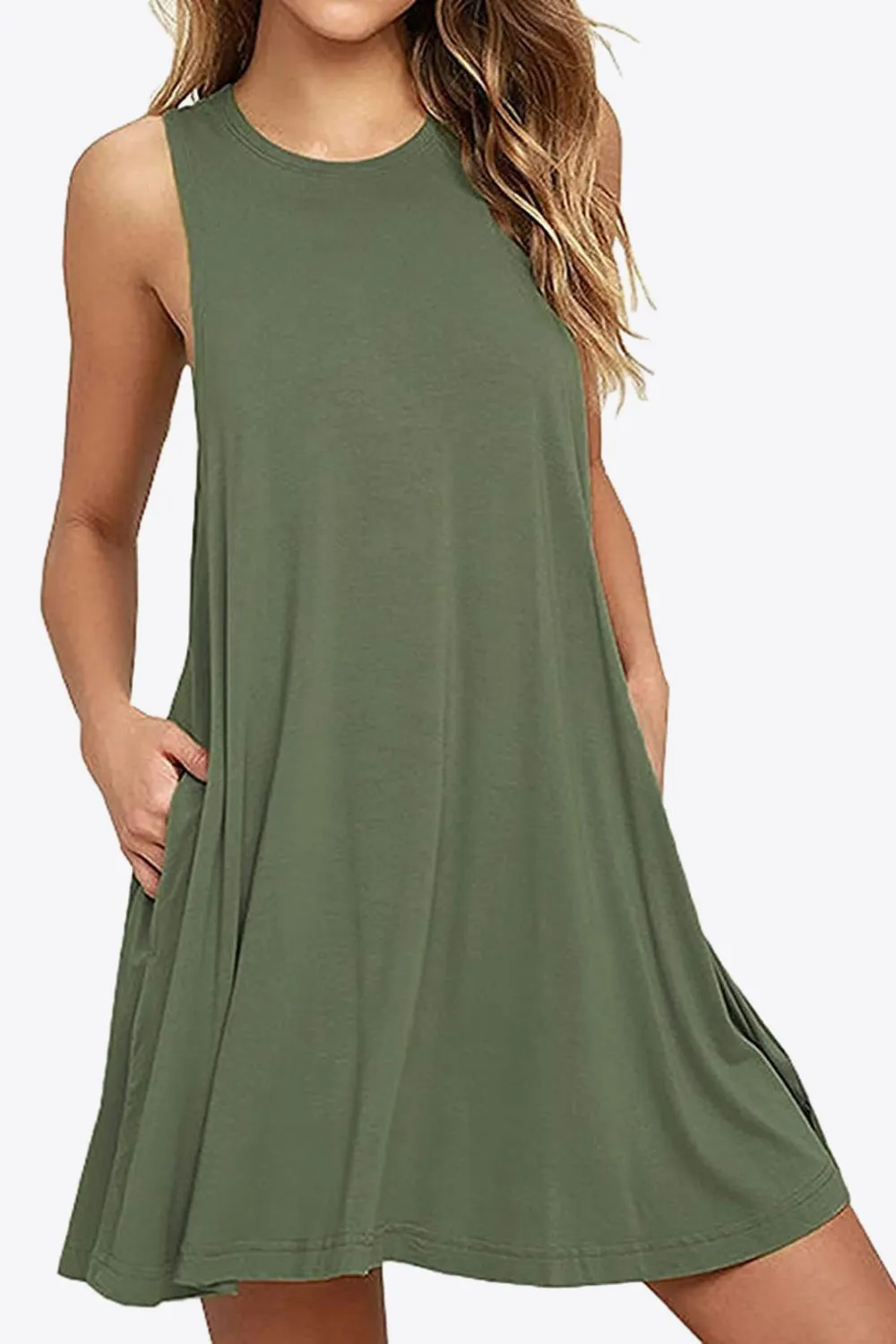 Sleeveless Dress with Pockets - Full Size Round Neck - Comfortable and Stylish