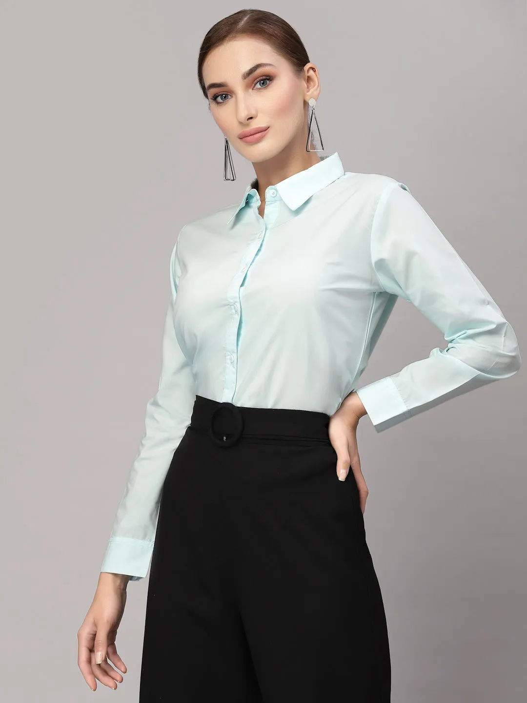 Style Quotient Women Solid Light Blue Cotton Regular Formal Shirt