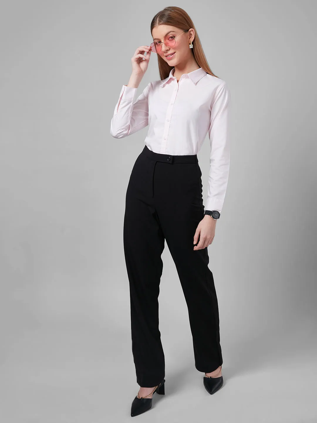 Style Quotient Women Solid Pastel Pink PolyCotton Regular Formal Shirt