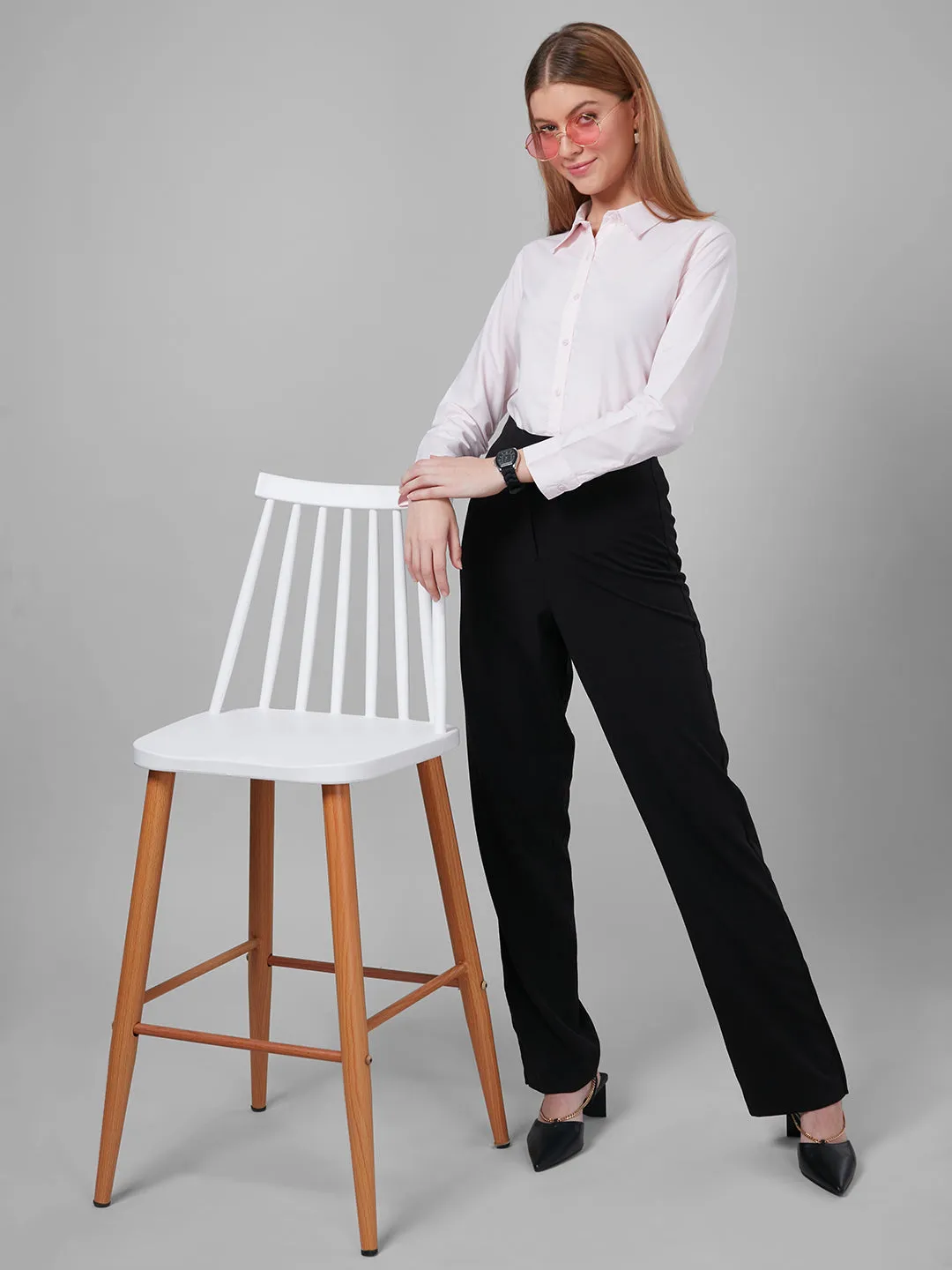 Style Quotient Women Solid Pastel Pink PolyCotton Regular Formal Shirt