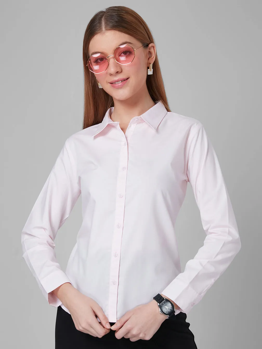 Style Quotient Women Solid Pastel Pink PolyCotton Regular Formal Shirt