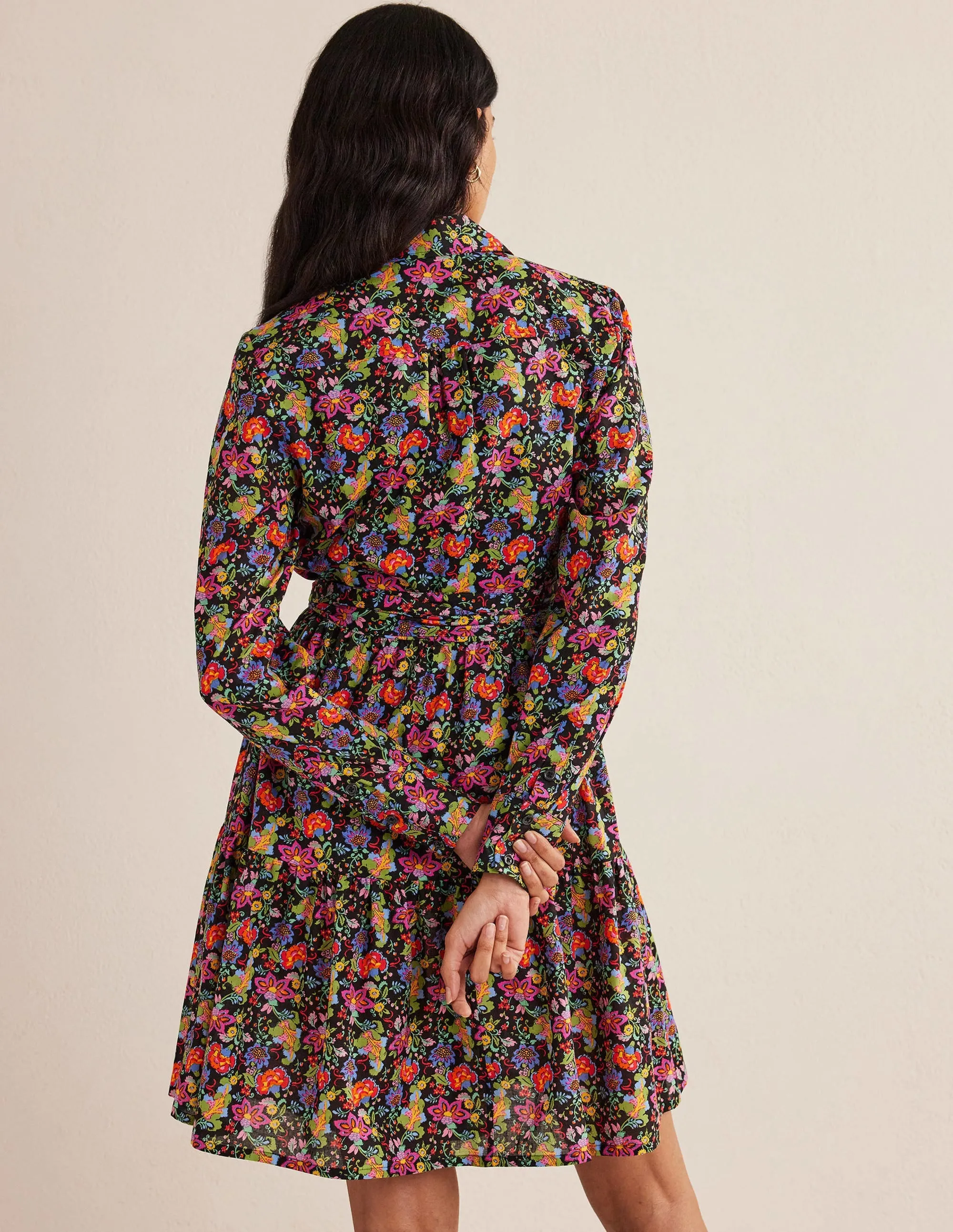 Tiered Cotton Mini Shirt Dress-Black, Carnation Garden