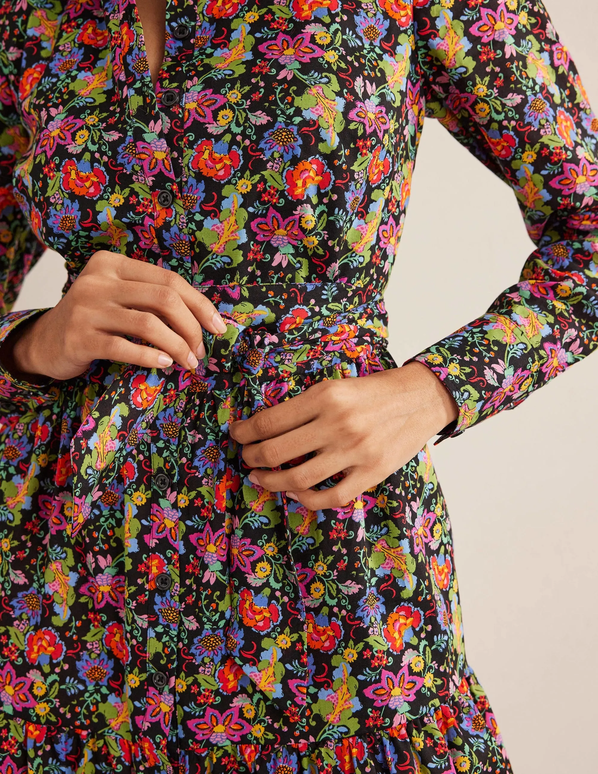 Tiered Cotton Mini Shirt Dress-Black, Carnation Garden