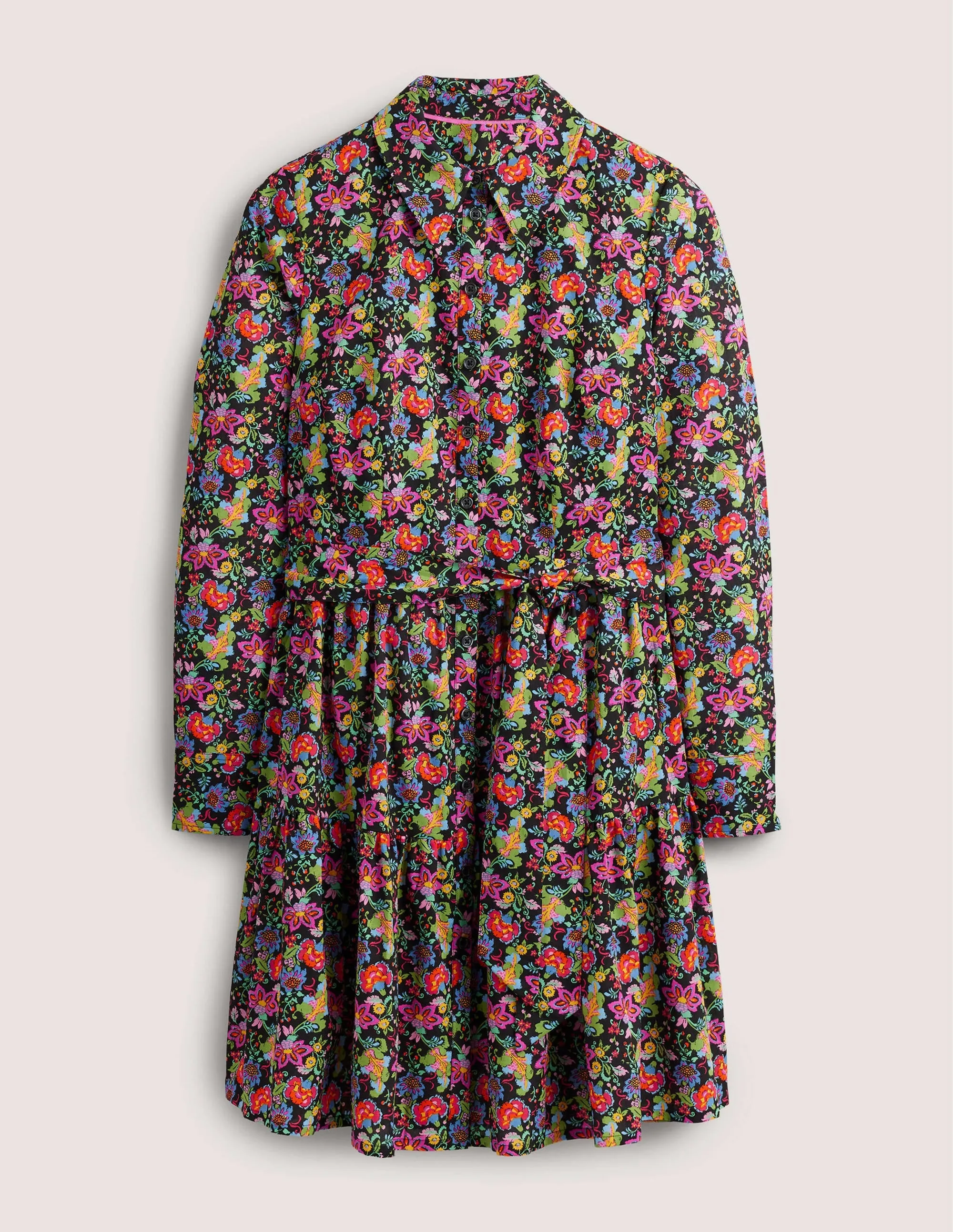 Tiered Cotton Mini Shirt Dress-Black, Carnation Garden