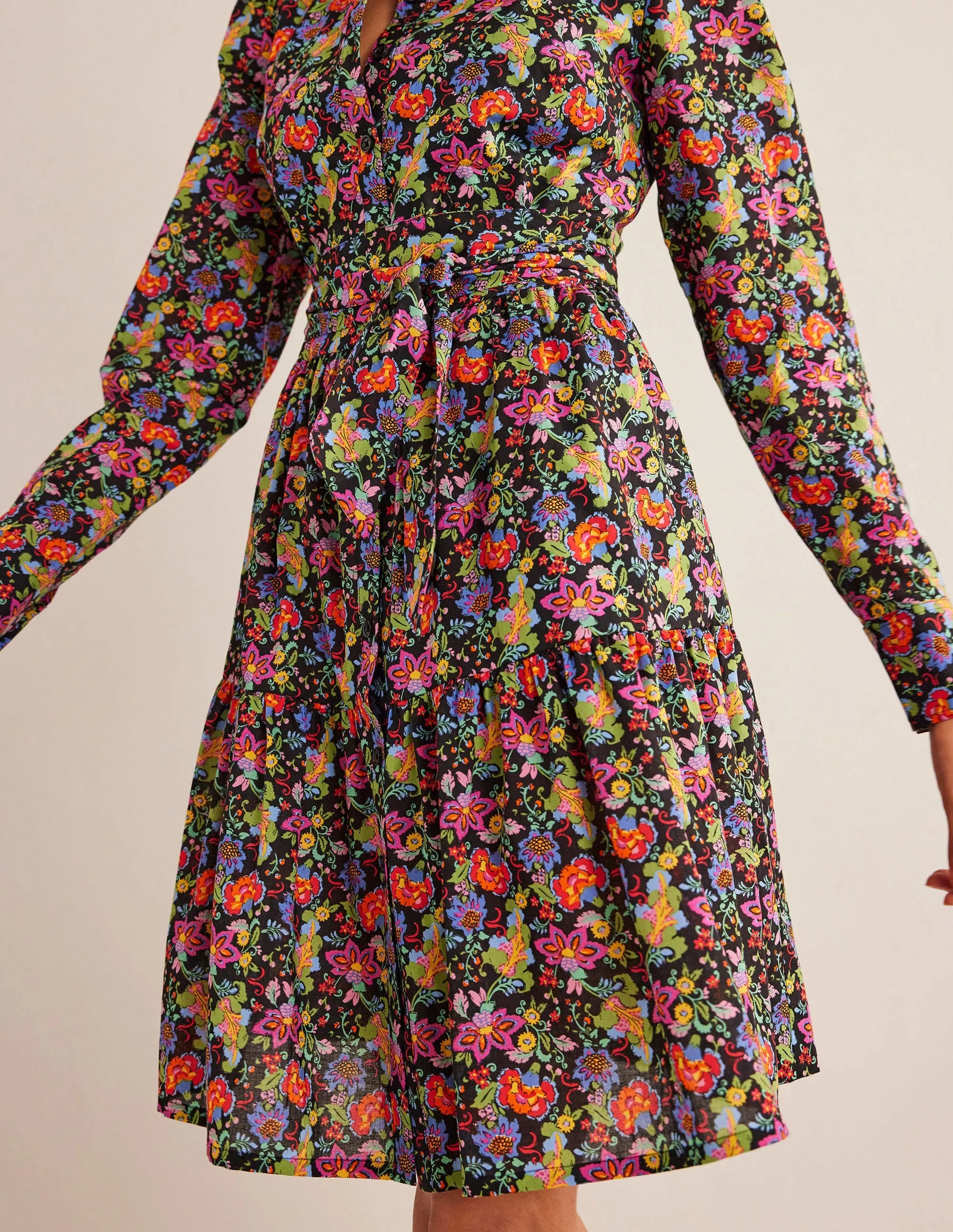 Tiered Cotton Mini Shirt Dress-Black, Carnation Garden