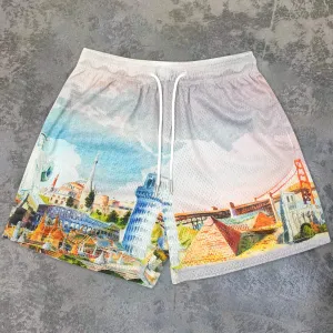 Urban Print Casual Contrast Mesh Track Shorts