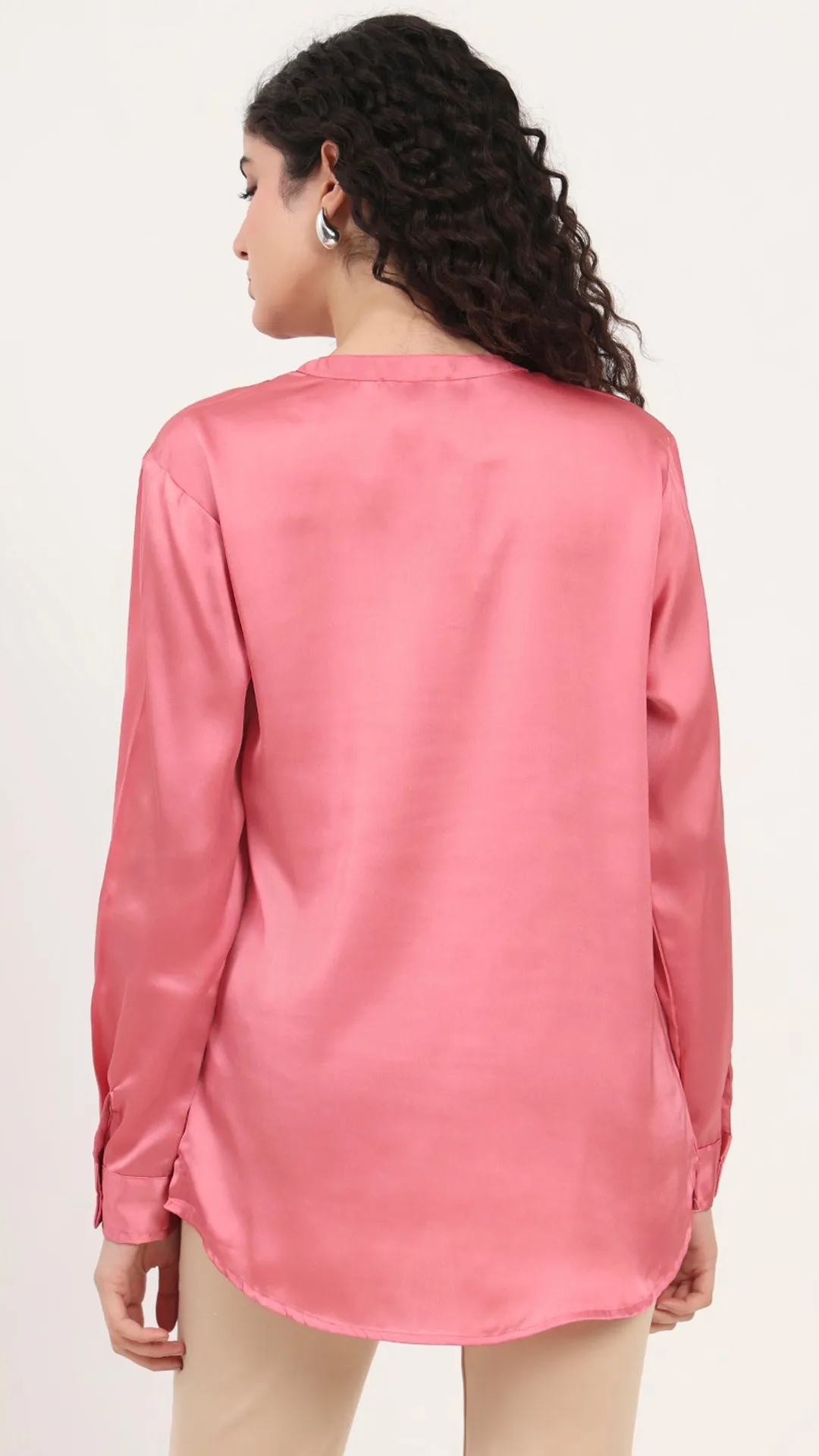 Womens Premium Summer Satin Rose Pink Front Pleated Tunic