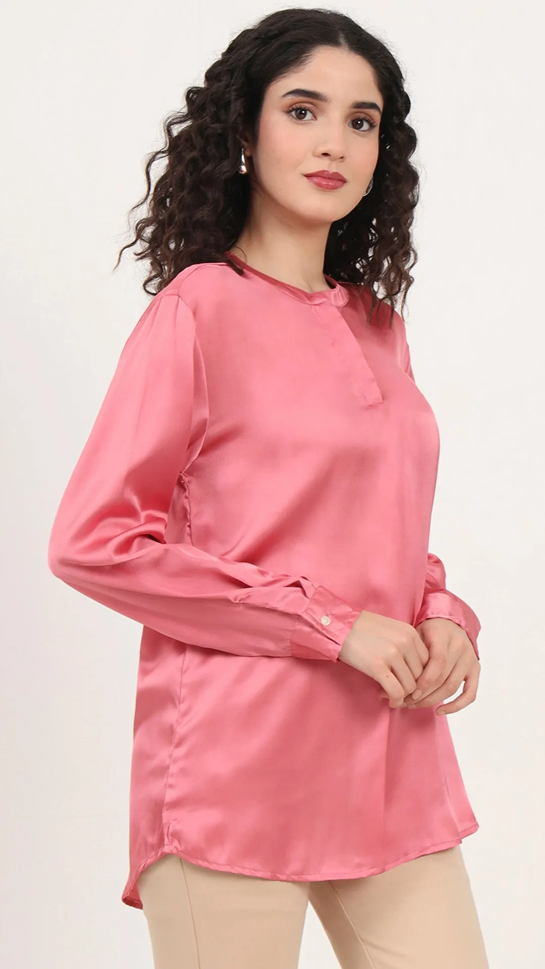 Womens Premium Summer Satin Rose Pink Front Pleated Tunic