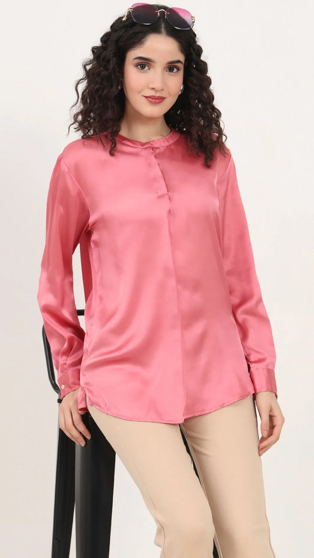 Womens Premium Summer Satin Rose Pink Front Pleated Tunic