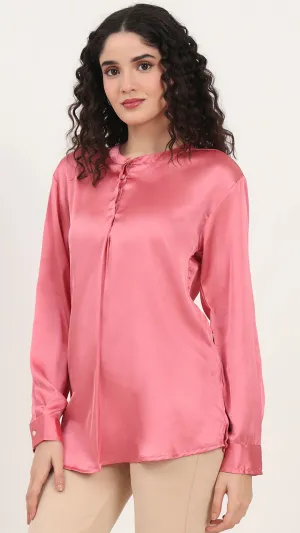 Womens Premium Summer Satin Rose Pink Front Pleated Tunic