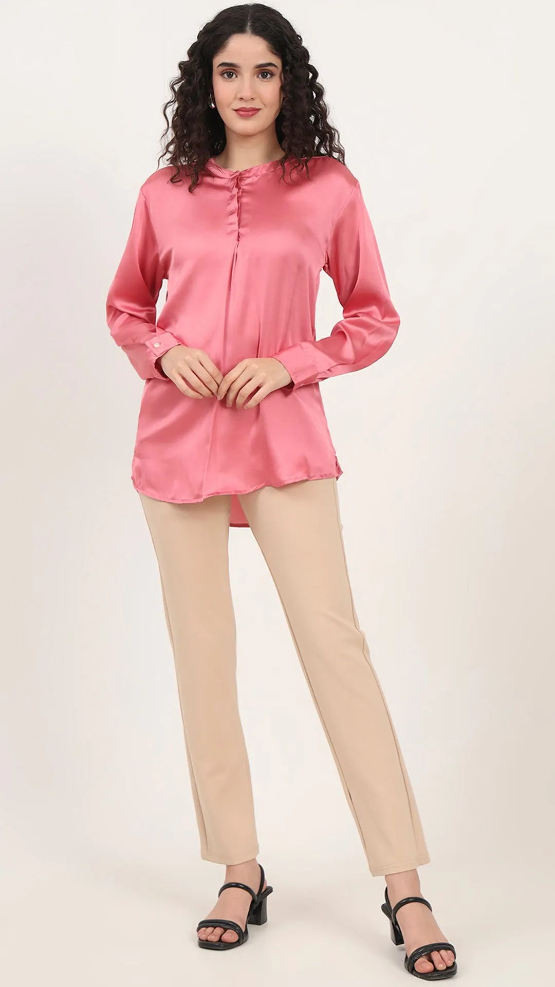 Womens Premium Summer Satin Rose Pink Front Pleated Tunic