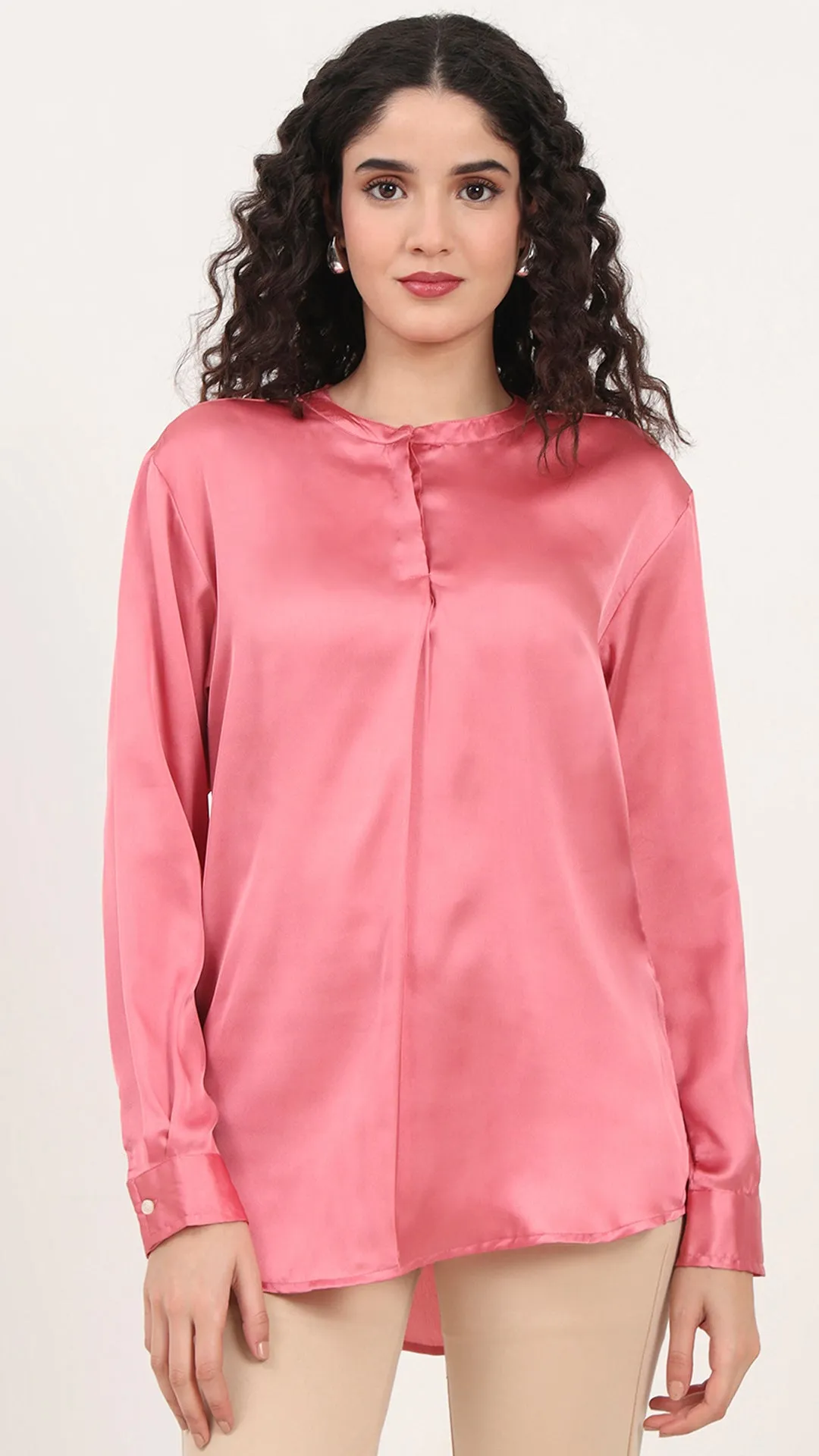 Womens Premium Summer Satin Rose Pink Front Pleated Tunic